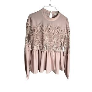One The Land Long Sleeve Tunic Blouse Lace Design Pullover Pink Womens Large